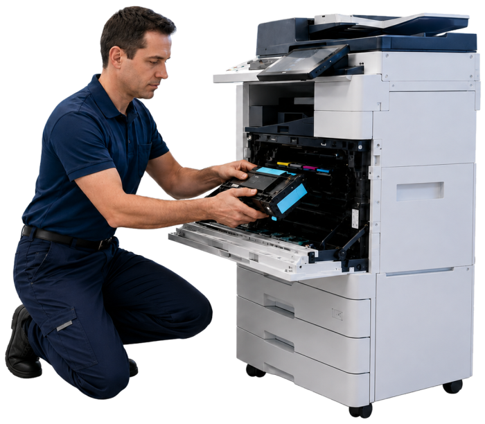 Técnico da CubiTech a fazer assistência a um equipamento multifunções