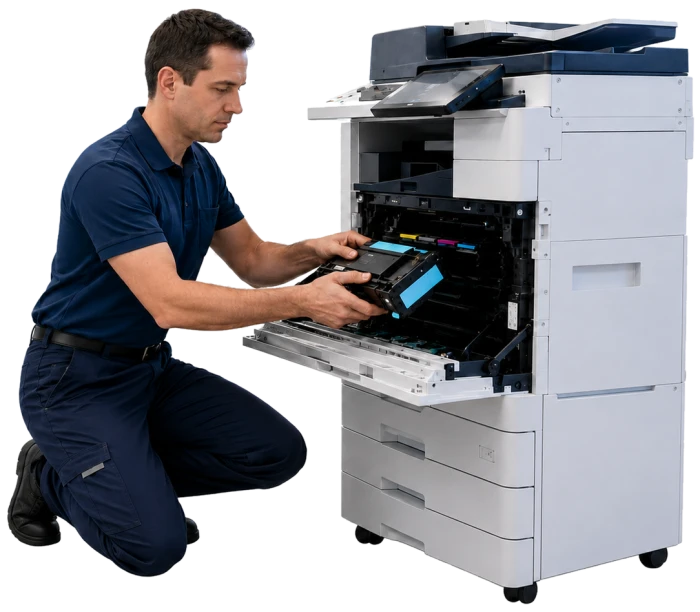 Técnico da CubiTech a fazer assistência a um equipamento multifunções